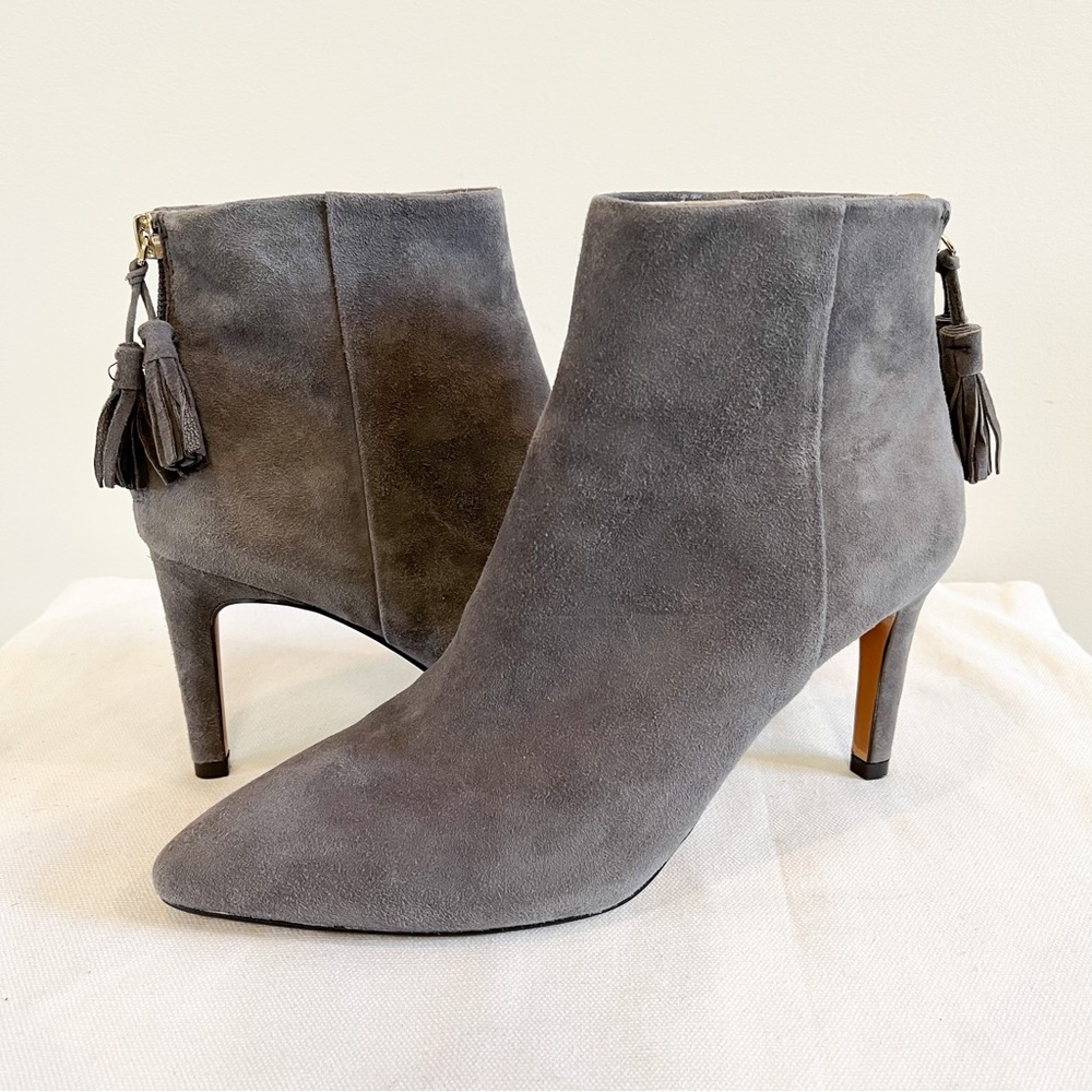 Ann Taylor Nell Grey Suede Tassel Stiletto Booties